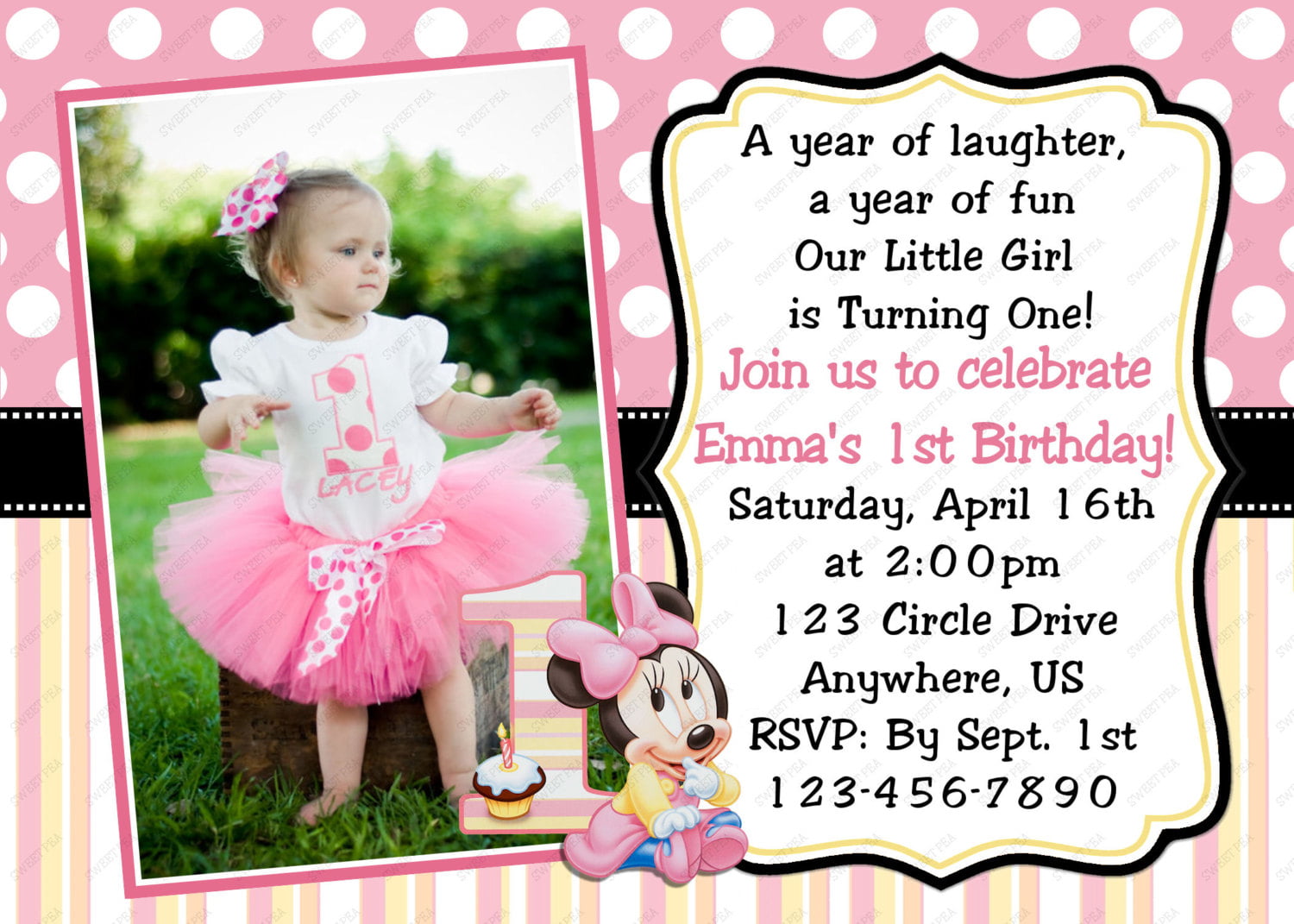 Baby Girl 1st Minnie Mouse Birthday Invitation Wording