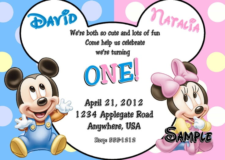 cartoon mickey and minnie twin birthday invitations