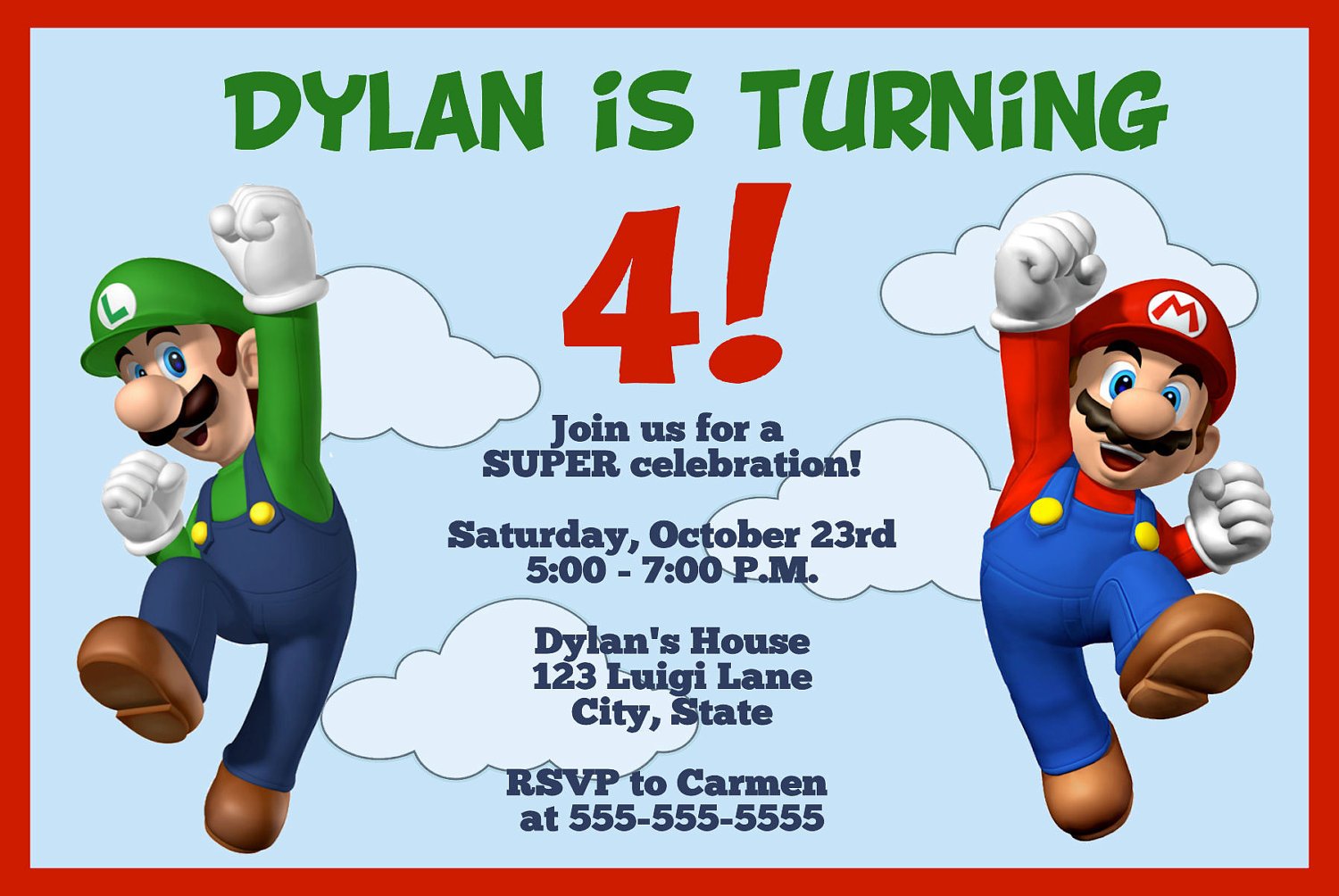 fog mario and luigi birthday invitations