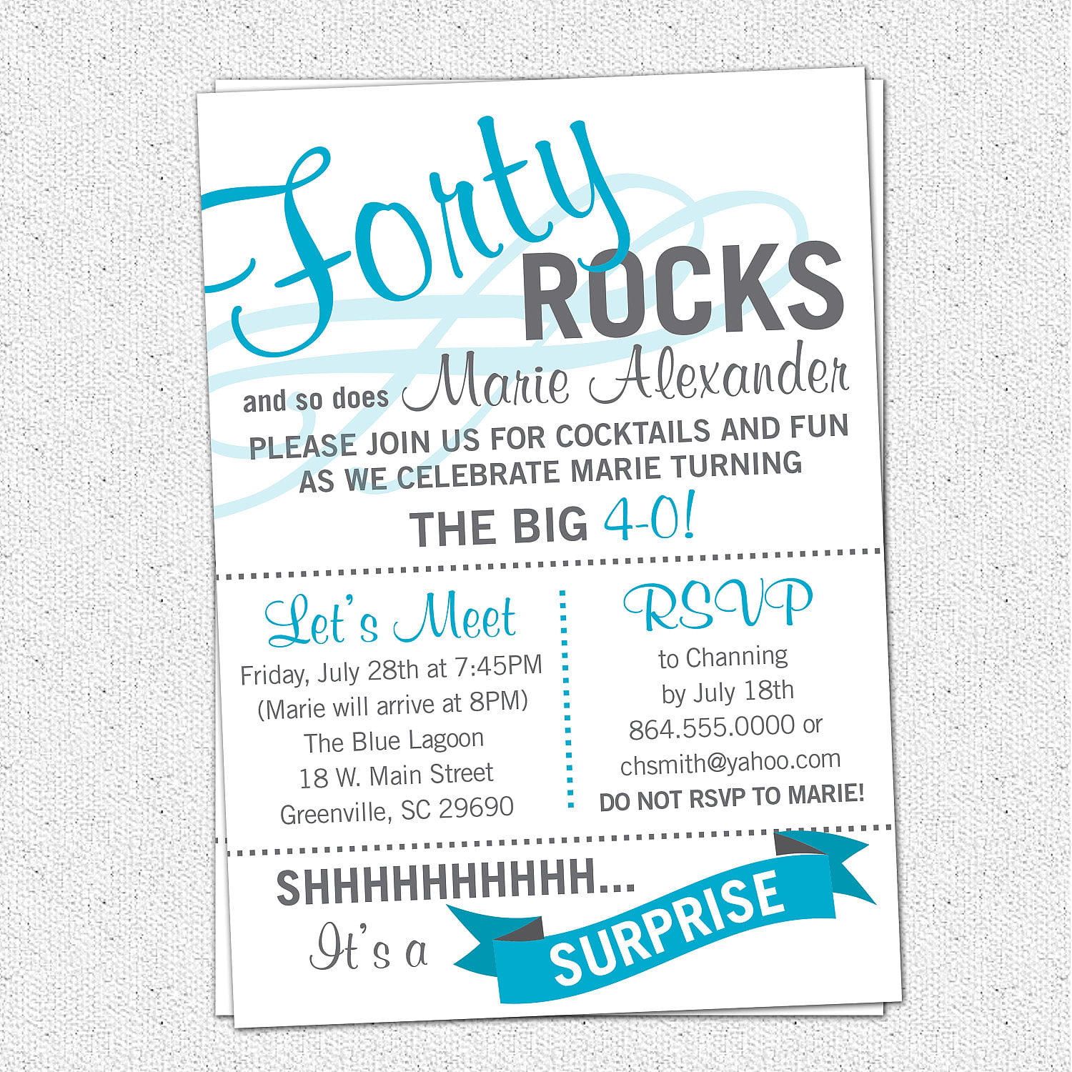 blue surprise 40th birthday invitations wording