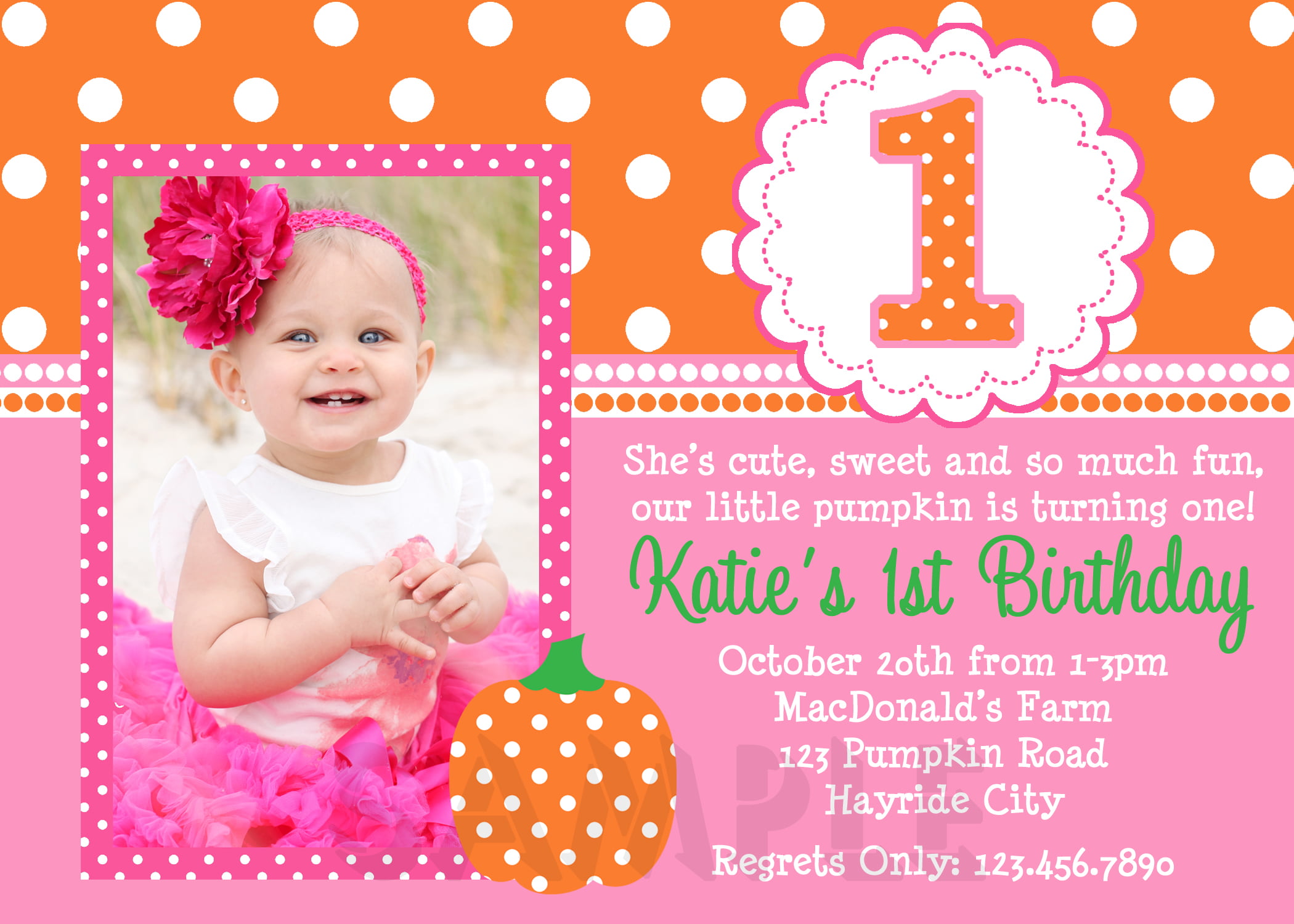 pumpkin 1st birthday invitations for girls