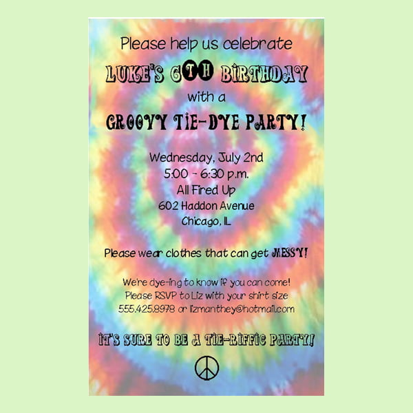 motifs tie dye birthday party invitations