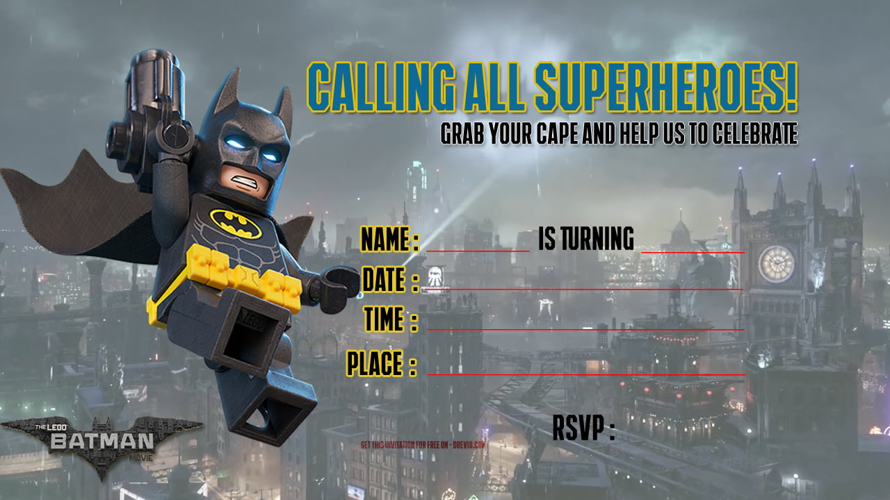 FREE Printable LEGO Batman the Movie Birthday Invitation Template