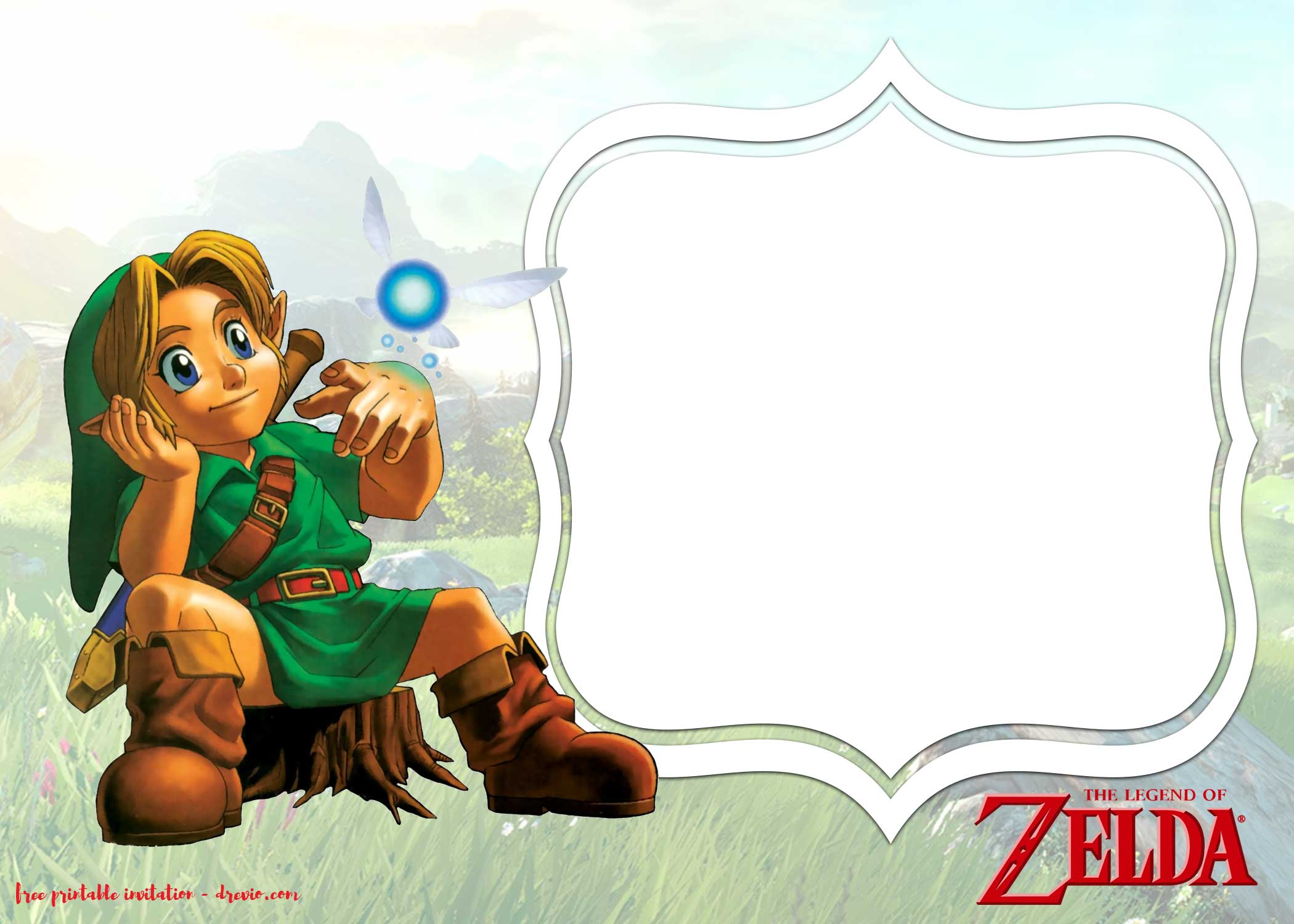 FREE Printable Legend of Zelda Link with spirit companion invitation 