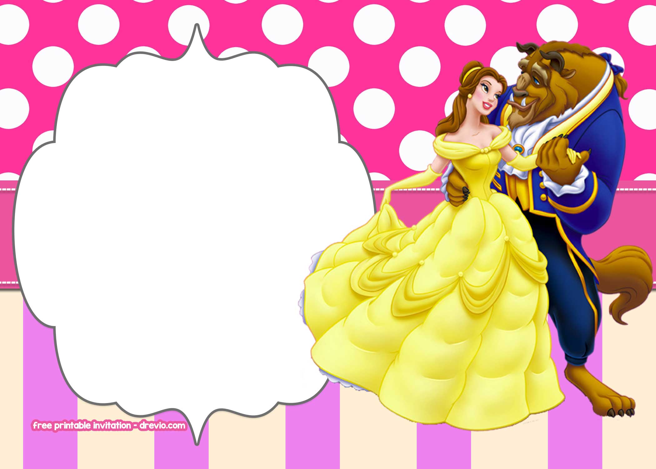 FREE Printable Princess Belle Beauty and the Beast invitation polkadot