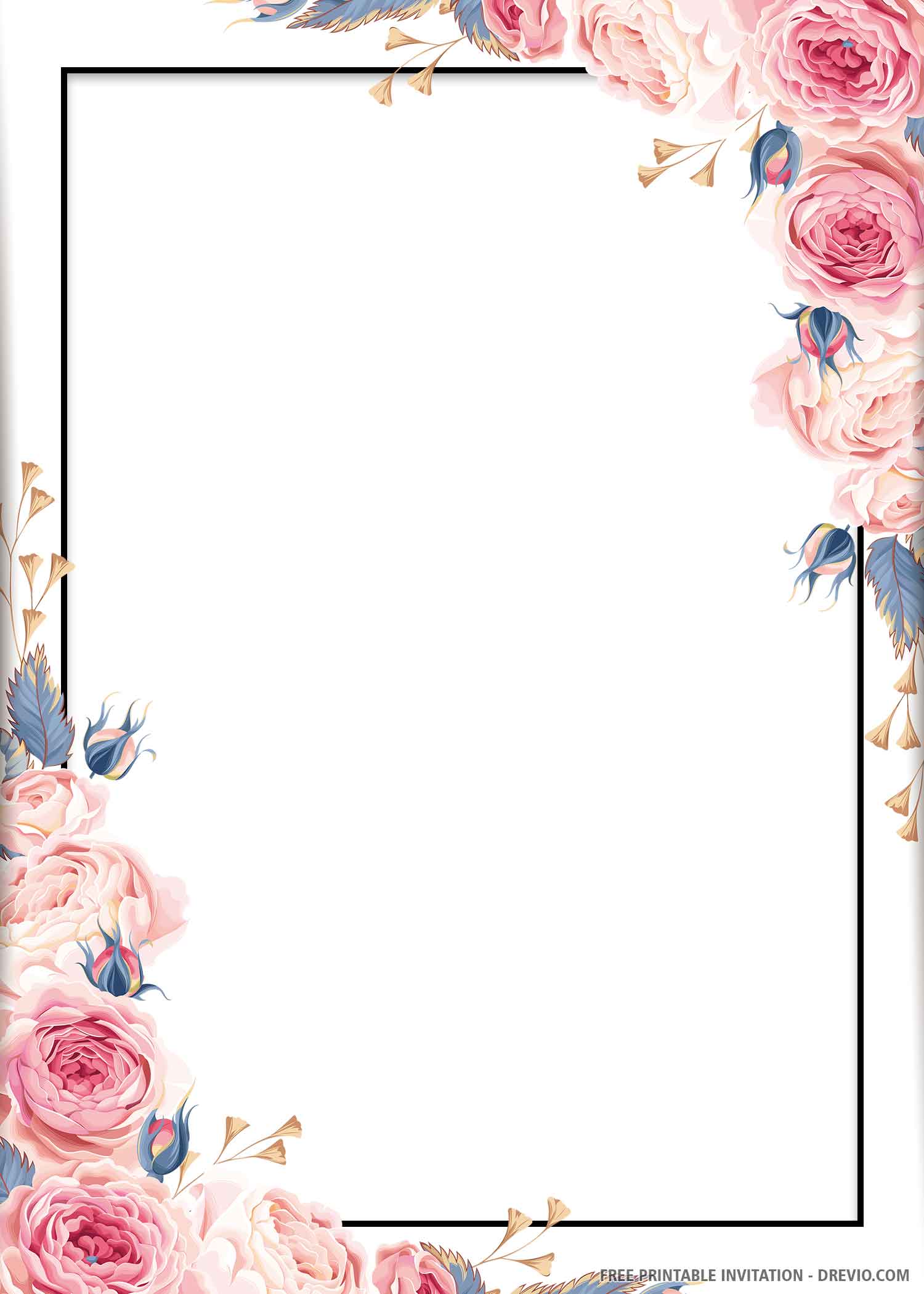 FREE PRINTABLE) – Blue Floral Wedding Invitation Template Throughout Blank Templates For Invitations