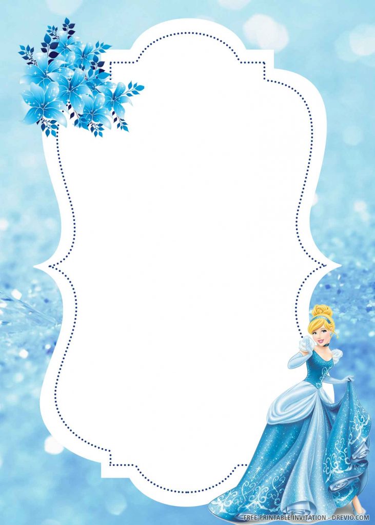 FREE CINDERELLA Invitation with blue flowers, blue background, and Cinderella is smiling