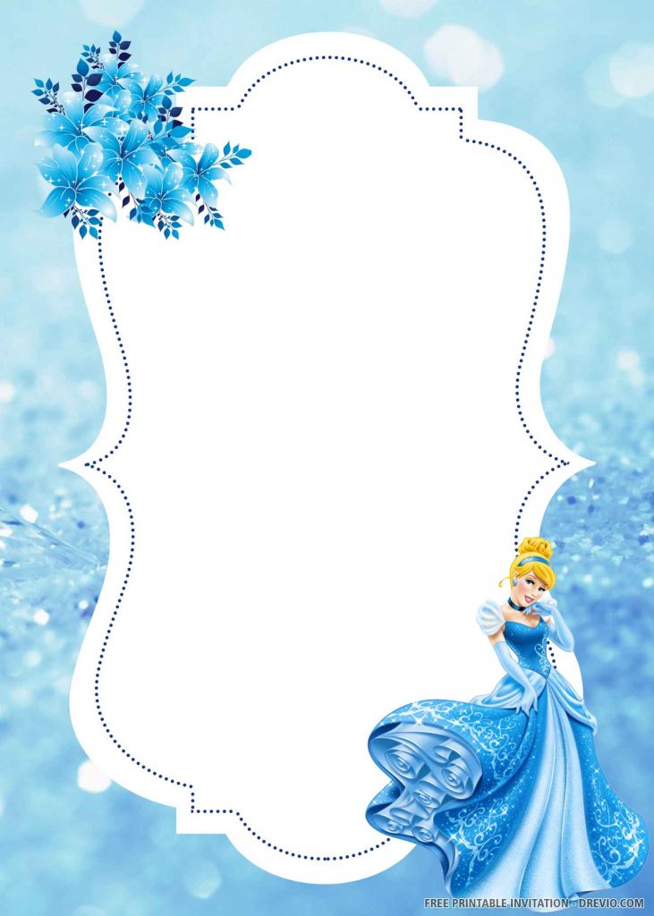 FREE CINDERELLA Invitation with blue flowers, blue background, and Cinderella pose on the right side