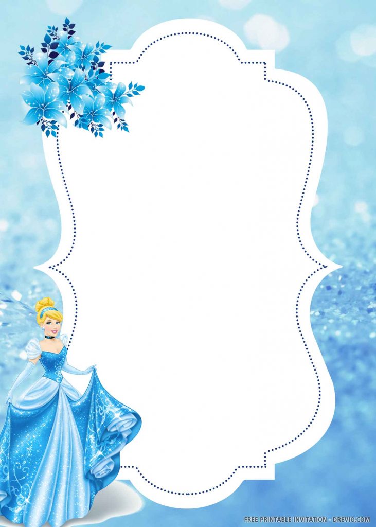 FREE CINDERELLA  Invitation with blue flowers, blue background, and Cinderella on the left side