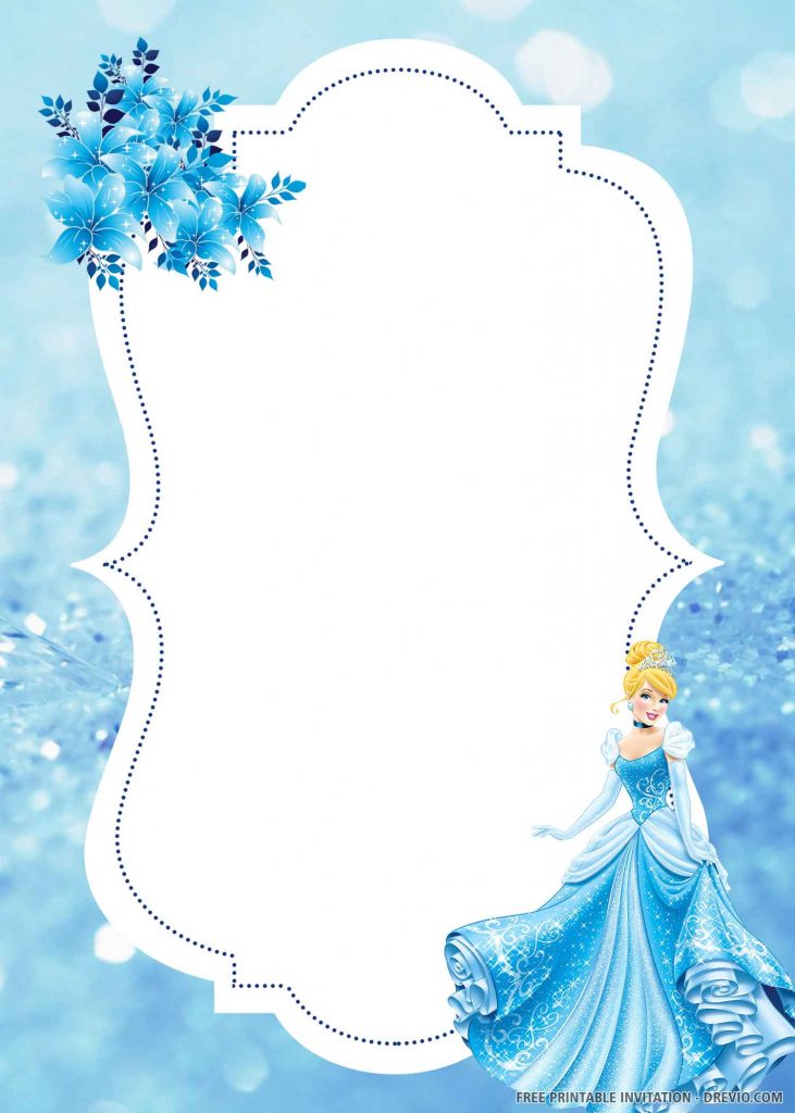 FREE CINDERELLA Invitation with blue flowers, blue background, and Cinderella on the right side