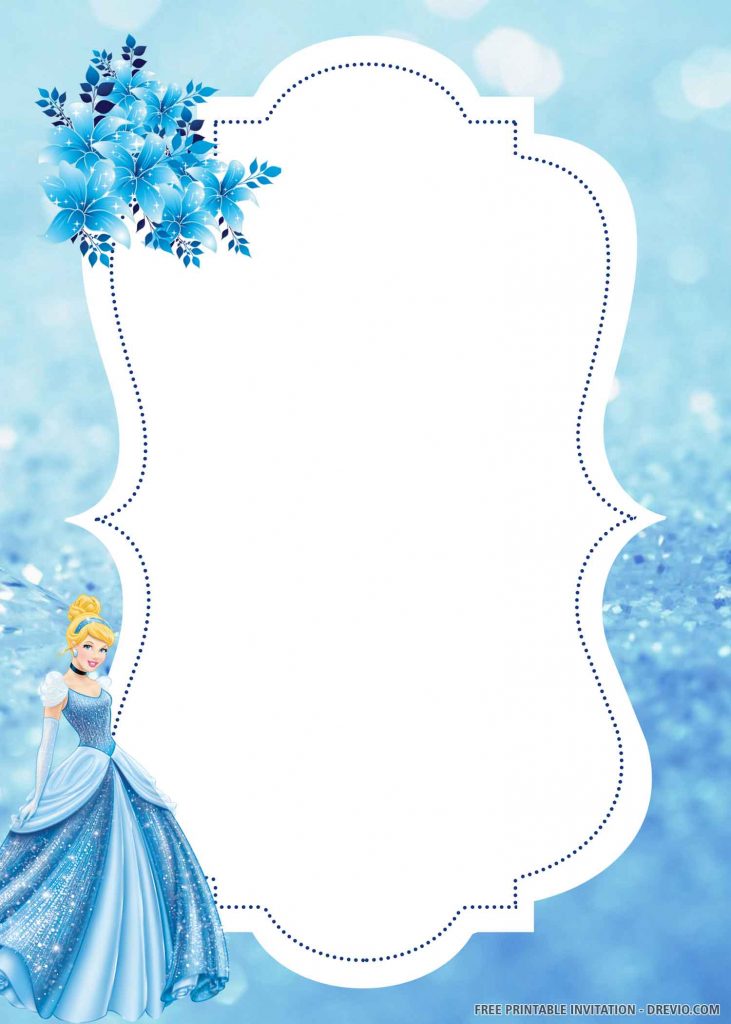 FREE CINDERELLA Invitation with blue flowers, blue background, and Cinderella in blue gown