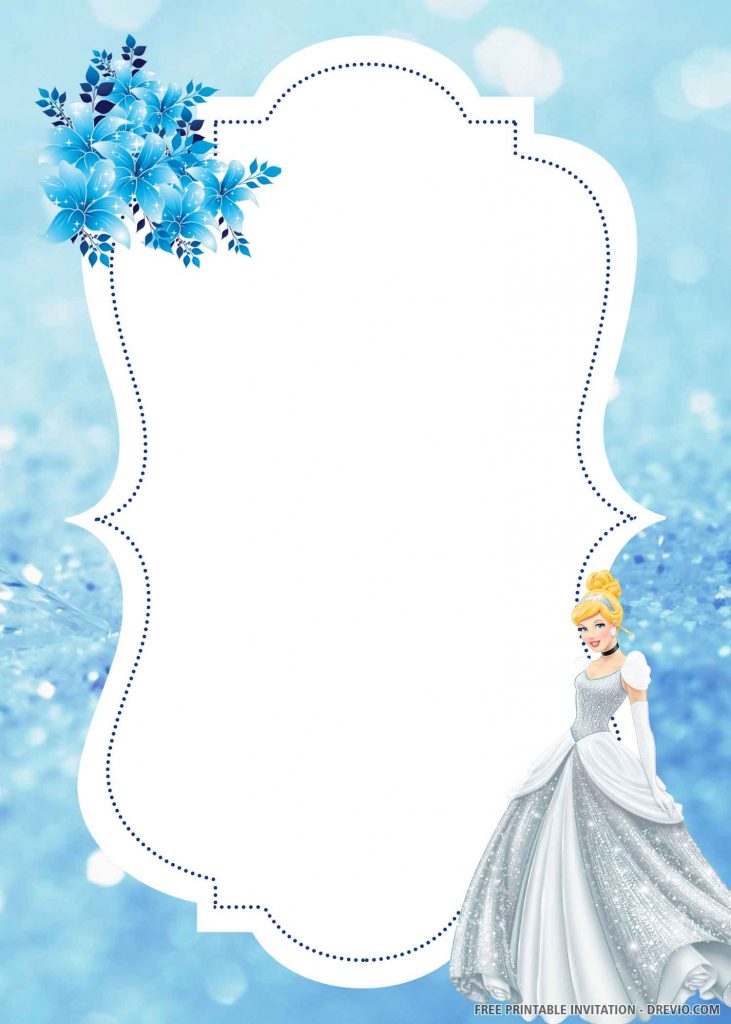 FREE CINDERELLA Invitation with blue flowers, blue background, and Cinderella in white gown
