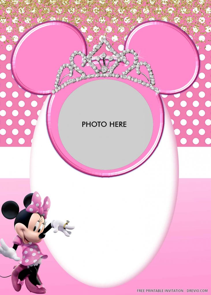 FREE MINNIE MOUSE Invitation with an image of Minnie, tiara, ring, photo space