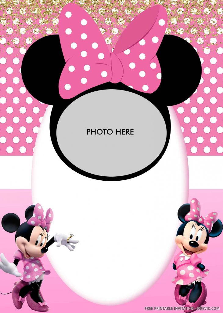 FREE MINNIE MOUSE Invitation with two images of Minnie, ring, pink bandana, photos space