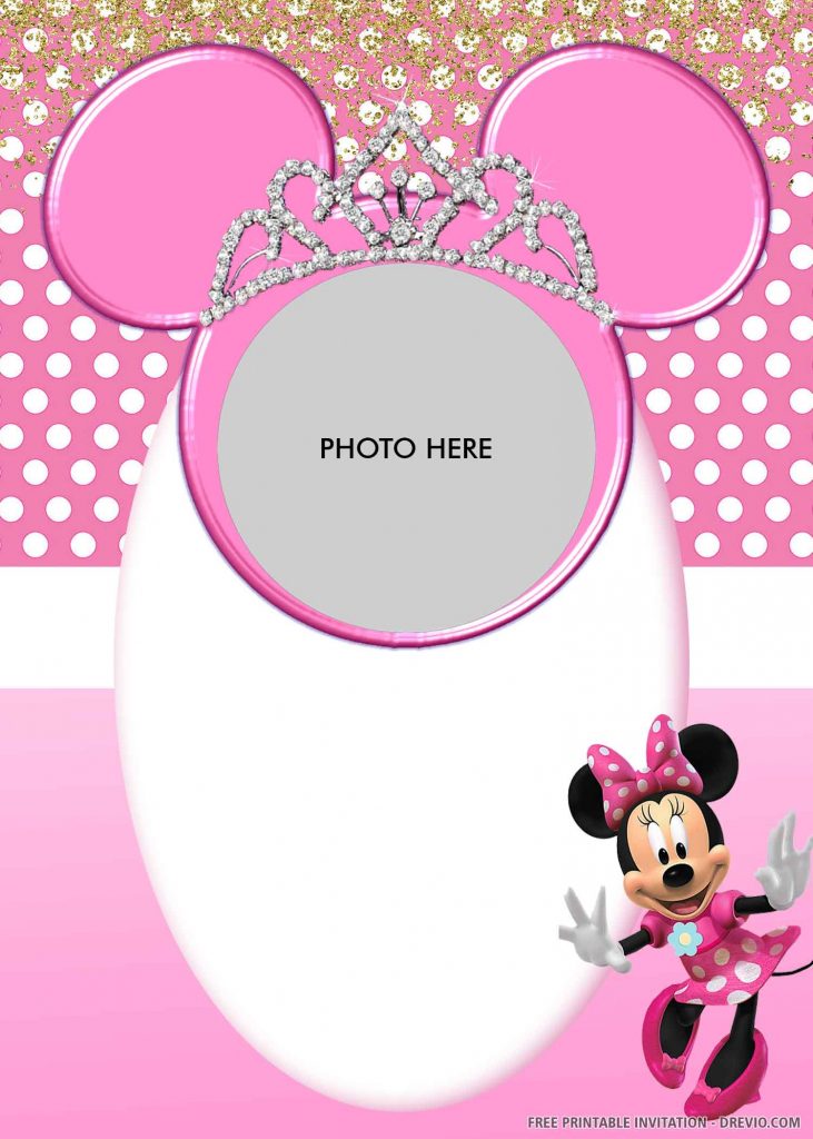 FREE MINNIE MOUSE Invitation with an image of Minnie, tiara, photo space