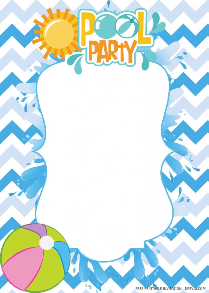 FREE POOL PARTY Invitation with blue background, ball, sun, wording POOL PARTY
