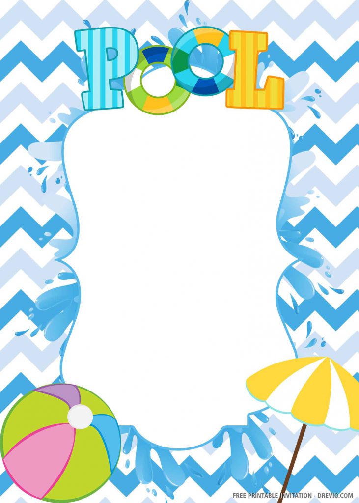 FREE POOL PARTY Invitation with blue background, ball, umbrella, wording POOL