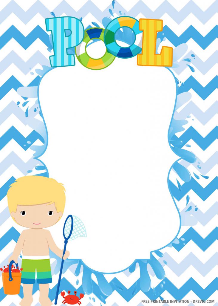 FREE POOL PARTY Invitation with blue background, a boy, container, crabs, net, wording POOL