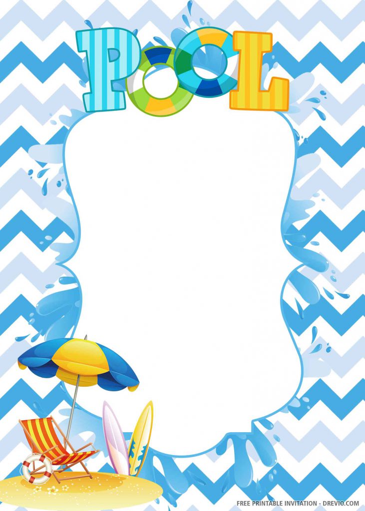 FREE POOL PARTY Invitation with blue background, chair, umbrella, surfing boards, wording POOL