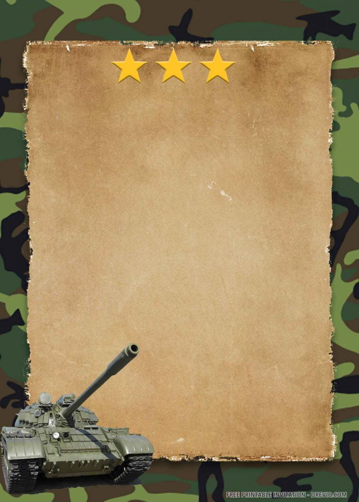 FREE CAMOUFLAGE Invitation with T-62 on left side, green border
