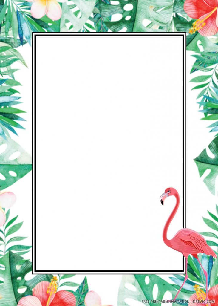 FREE TROPICAL FLAMINGO Invitation with green leaves, flamingo