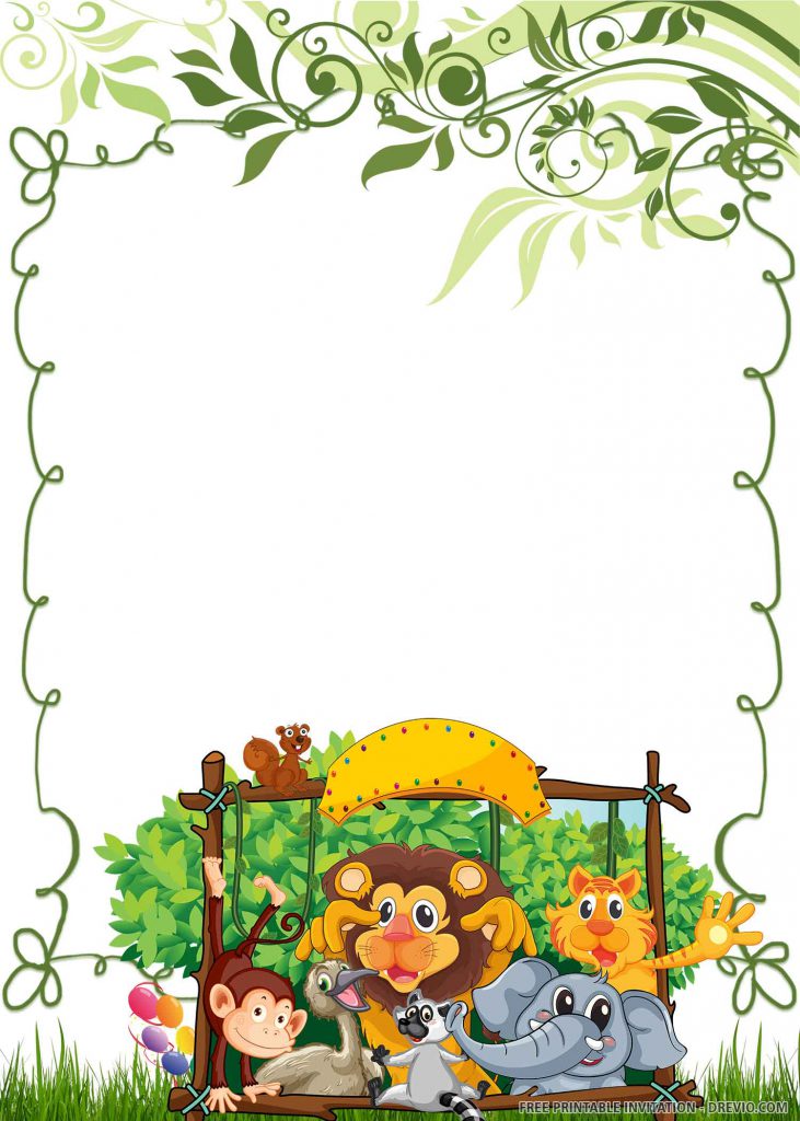 FREE WILD ONE Invitation with lion, tiger, monkey, bird, weasel, elephant, squirrel, forest background