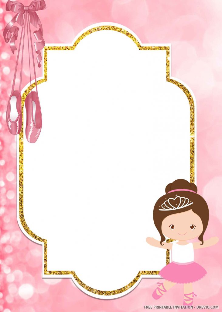 FREE BALLET Invitation with Ballerina in white and pink costume wearing tiara