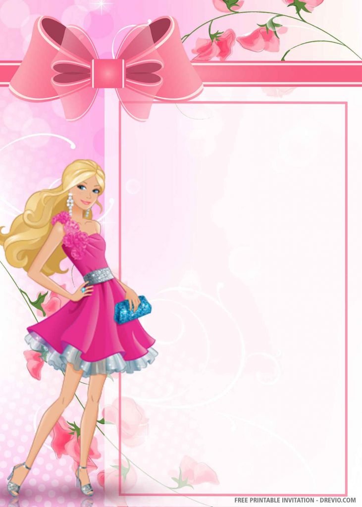 FREE BARBIE Invitation with Barbie in pink party dress, blue purse