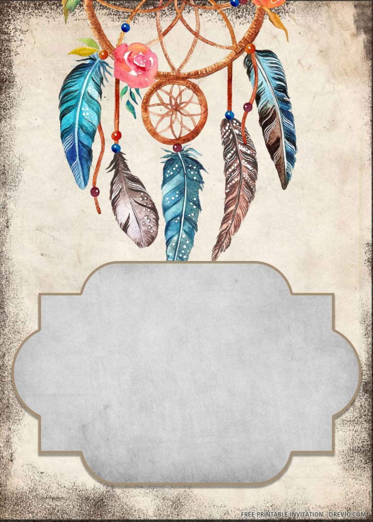 FREE BOHO Invitation with blue and brown quills, dreamcatcher, red rose
