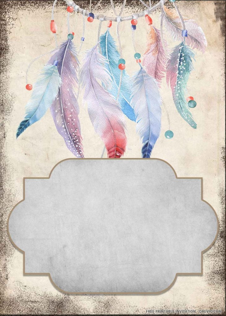 FREE BOHO Invitation with blue, red, and purple quills, dreamcatcher