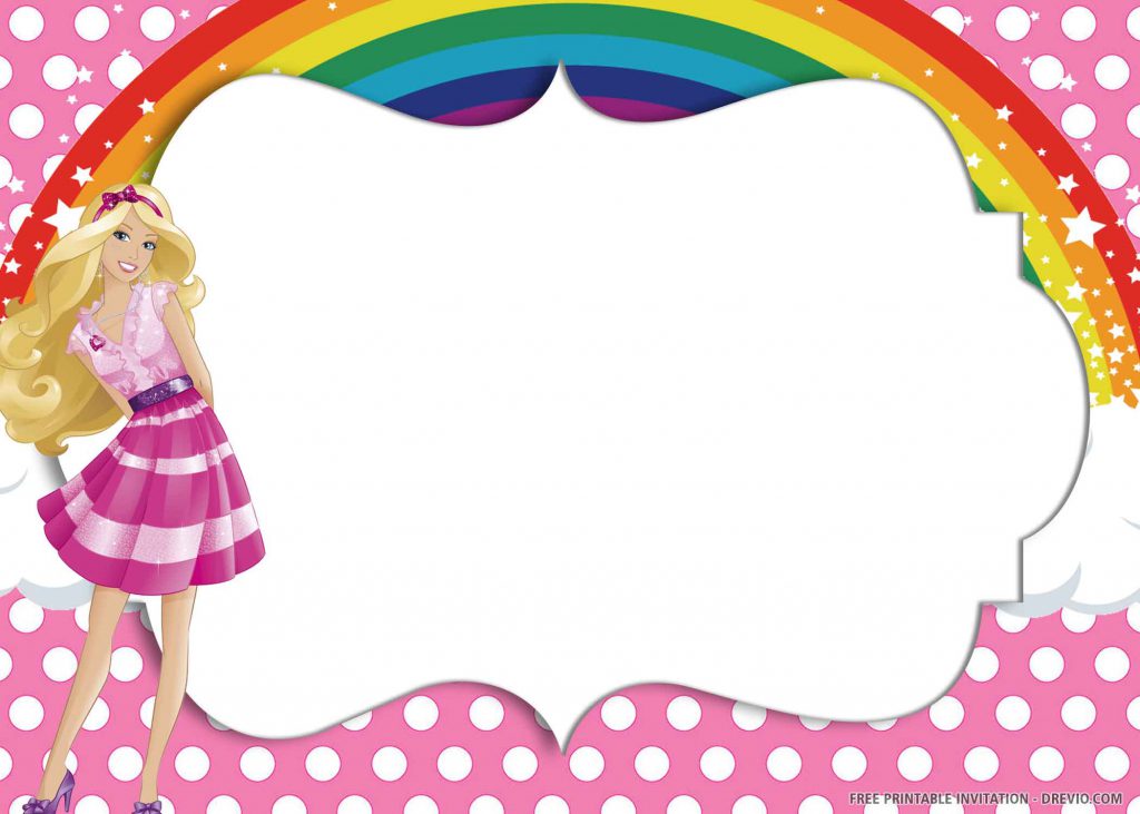 FREE PINK RAINBOW Invitation with Barbie, white and pink dress