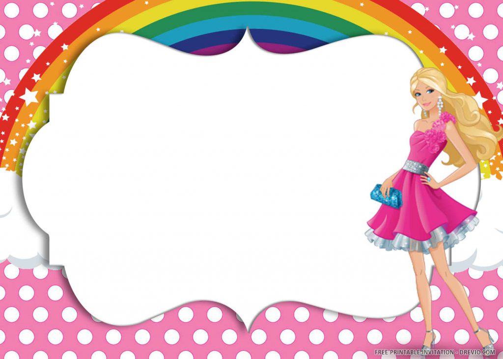 FREE PINK RAINBOW Invitation with Barbie, pink and silver dress, blue purse