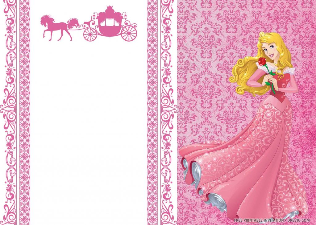 FREE SLEEPING BEAUTY Invitation with Aurora in pink and white gown, red rose