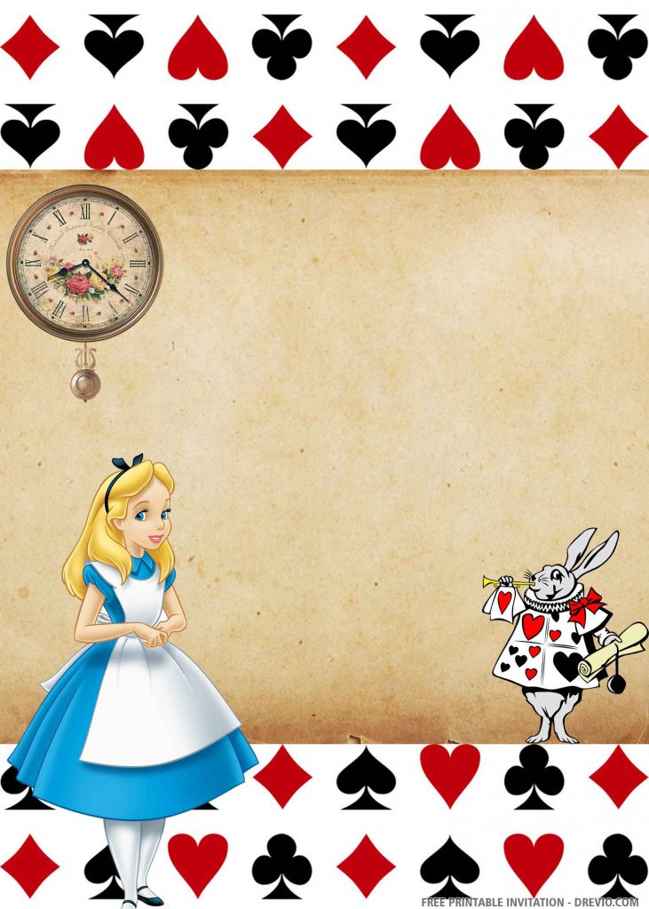FREE ALICE Invitation with Alice on the left side, AS guards, a clock