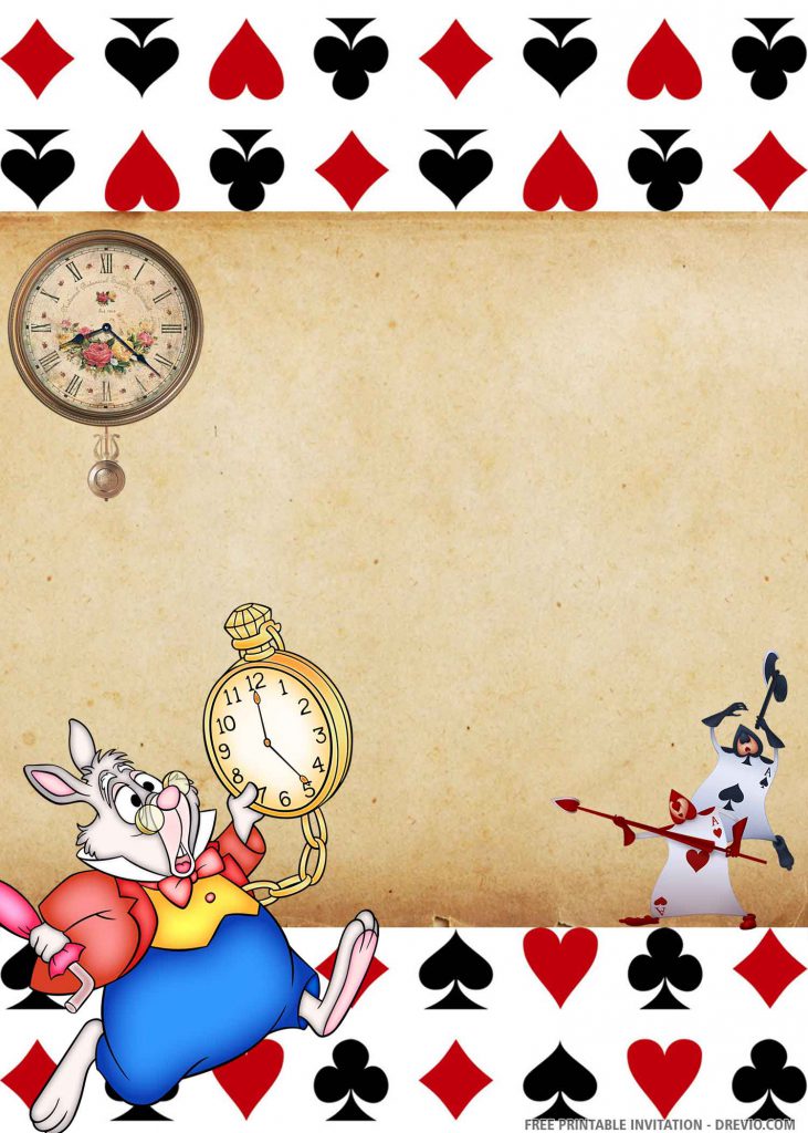 FREE ALICE Invitation with rabbit, AS guards, two clocks