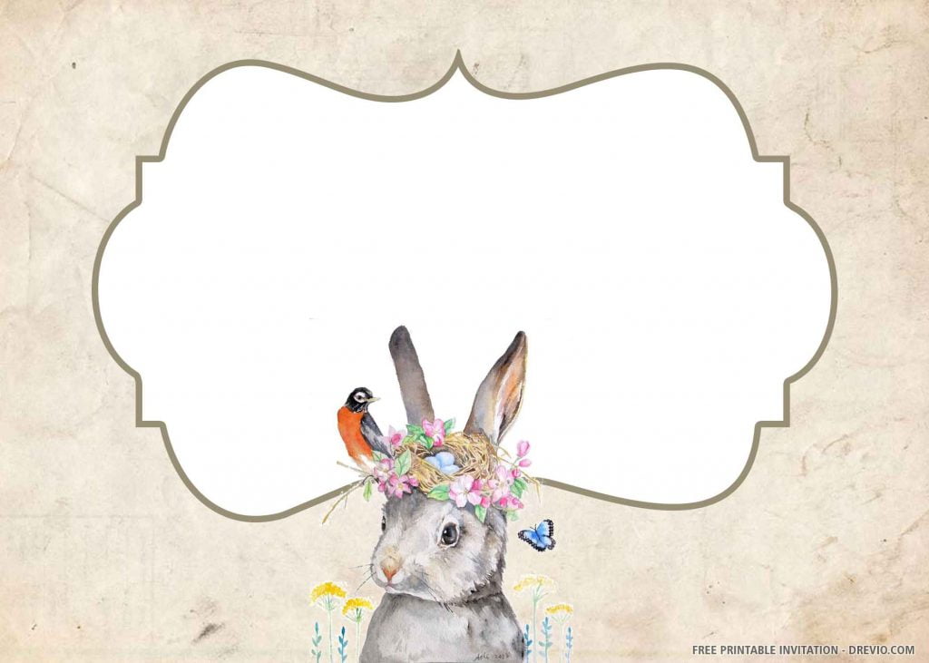 FREE PETER RABBIT Invitation with a rabbit, a bird, three eggs in a nest