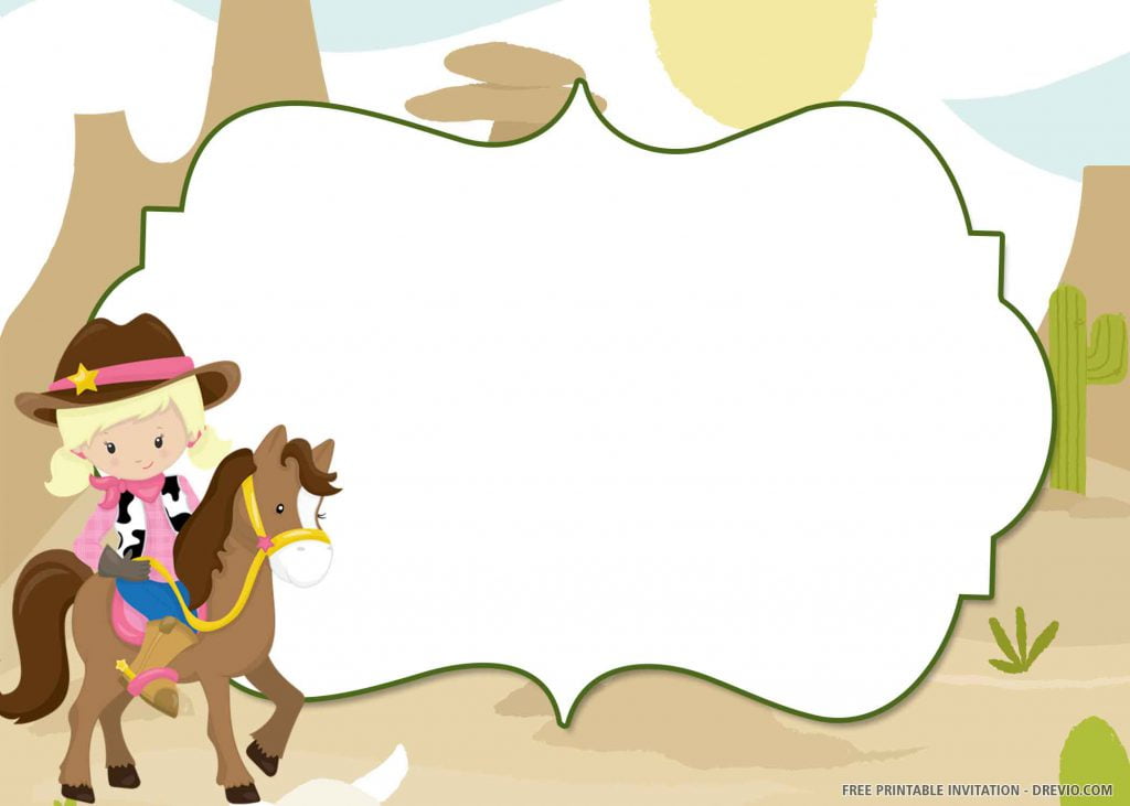 FREE COWBOY PARTY Invitation with a little cowgirl, a brown horse