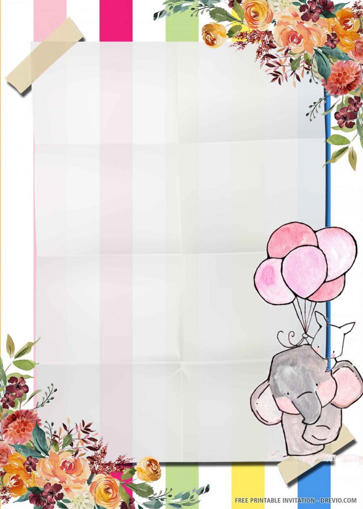 FREE ELEPHANT Invitation with a pink elephant, a cat, five balloons
