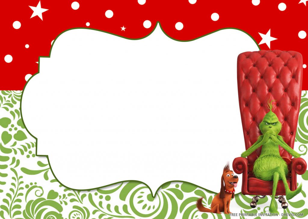 FREE GRINCH Invitation with Grinch and his dog, sitting on a big chair