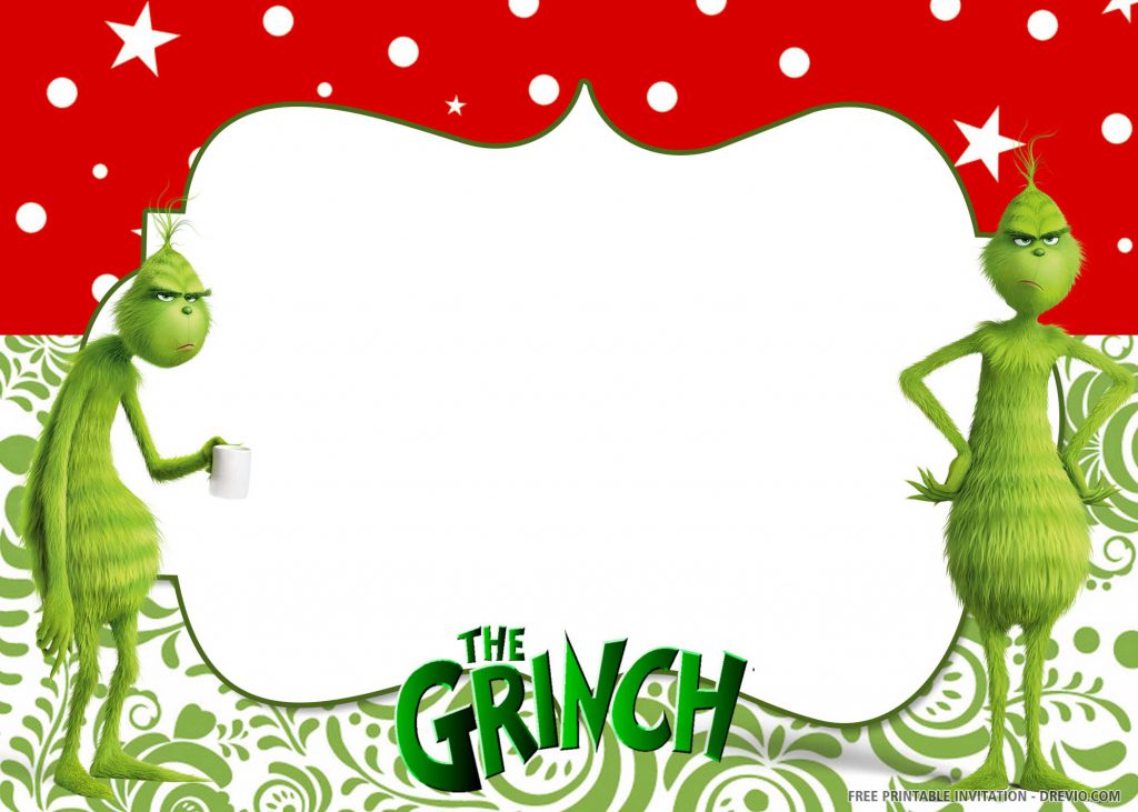 FREE GRINCH Invitation with two pictures of Grinch, wording “The Grinch”