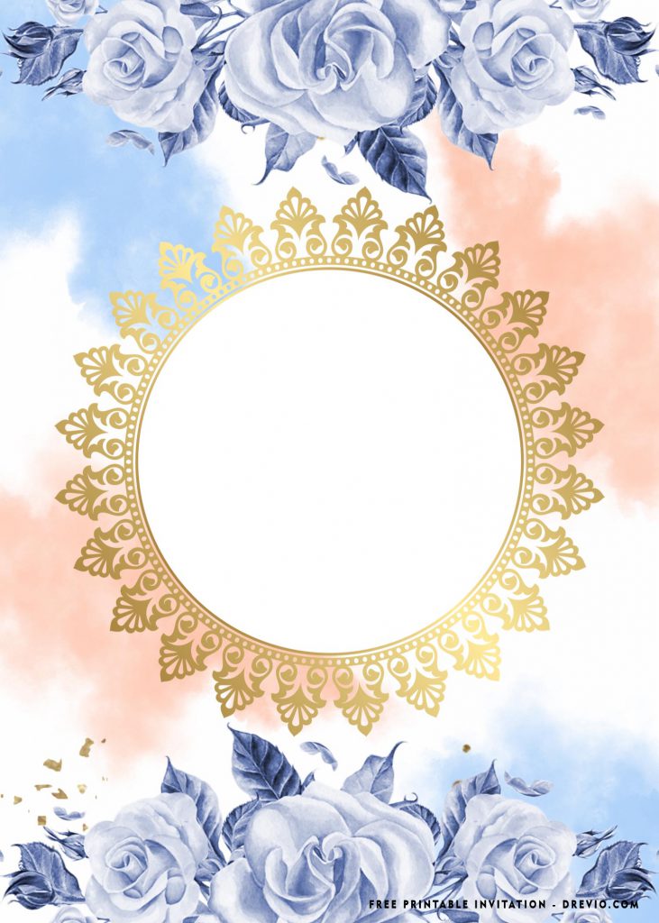 Alluring Blue Roses Bridal Shower Invitation Templates With Gold Mandala Frame