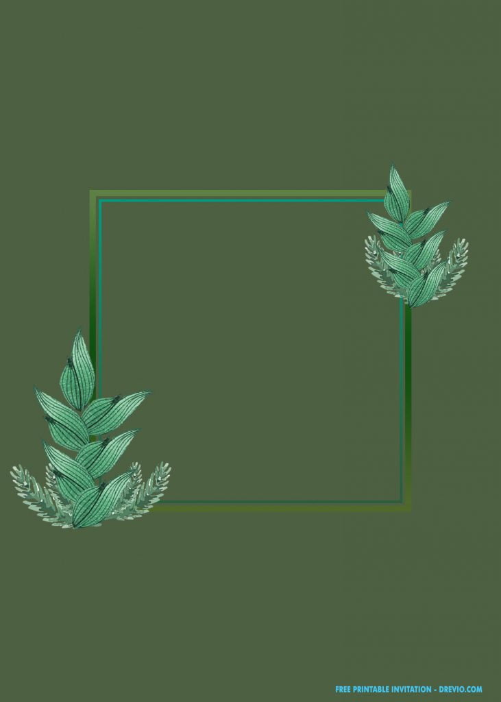 Free Printable Square Foliage Frame Baby Shower Invitation Templates With Green Fern Leaves