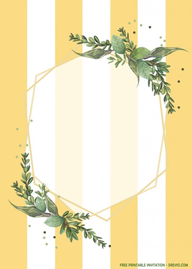 Free Printable Gold Greenery Drive By Party Invitation Templates With Yellow and White Stripes
