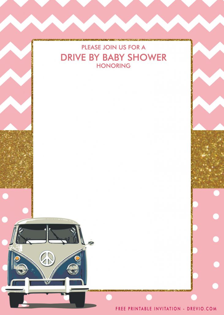 Free Printable Gold And Pink Glitter Drive By Party Invitation Templates With Vintage Car