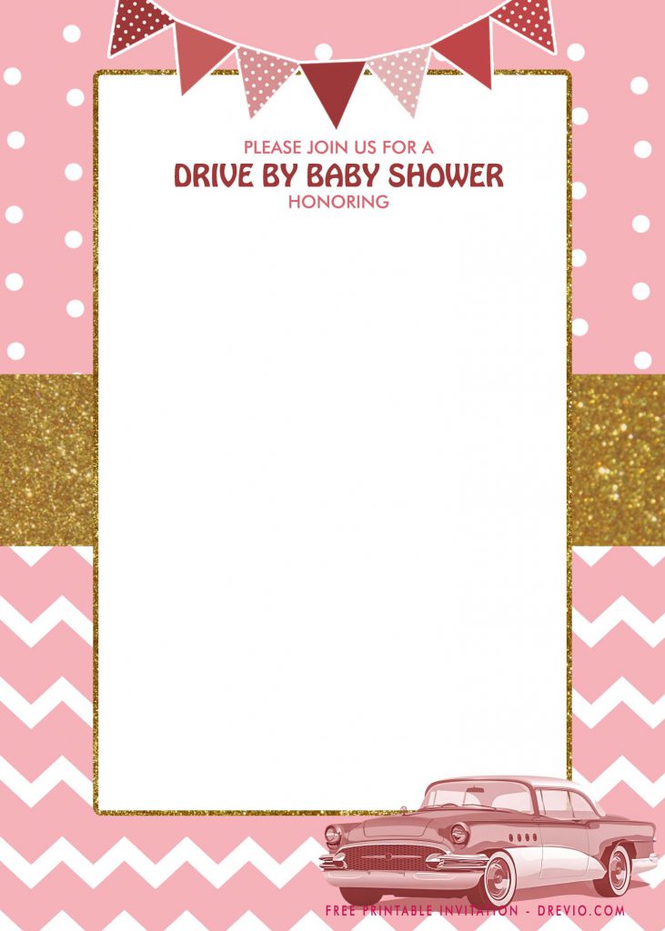 Free Printable Gold And Pink Glitter Drive By Party Invitation Templates With White and Pink Stripes