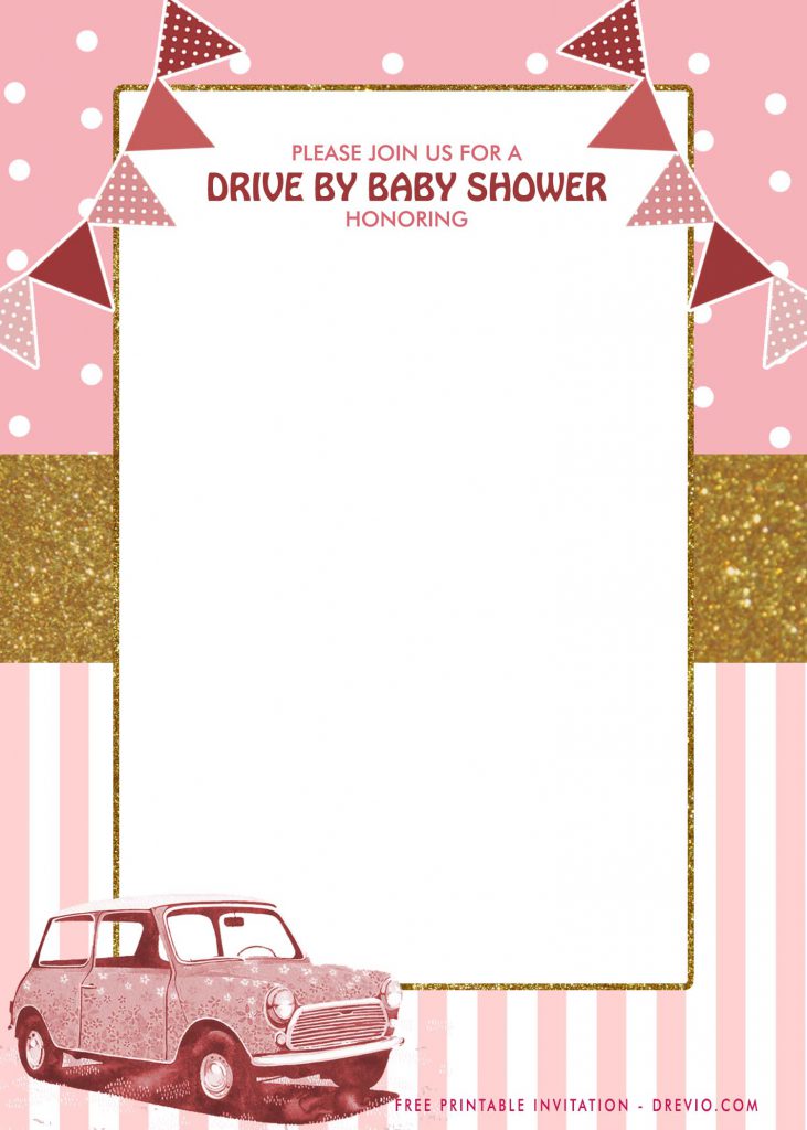 Free Printable Gold And Pink Glitter Drive By Party Invitation Templates With Lovely Bunting Flags Design