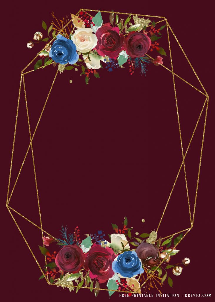 Free Printable Polygonal Frame Invitation Templates With Burgundy Roses