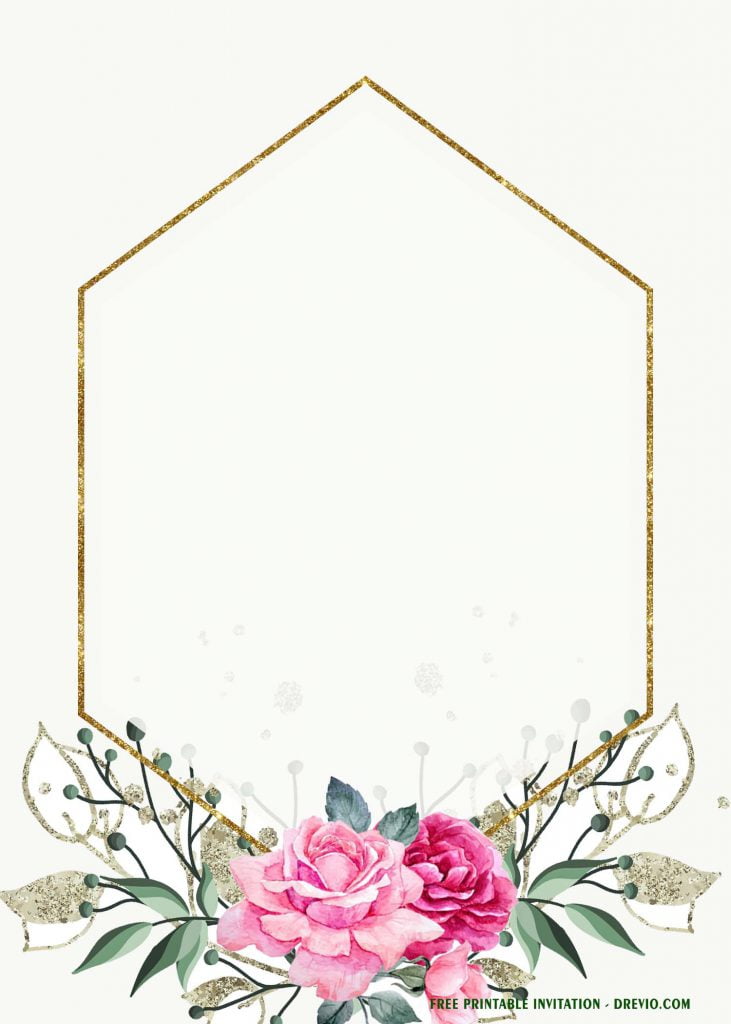 Free Printable Romantic Floral Rose Invitation Templates With Gold Hexagon Text Frame