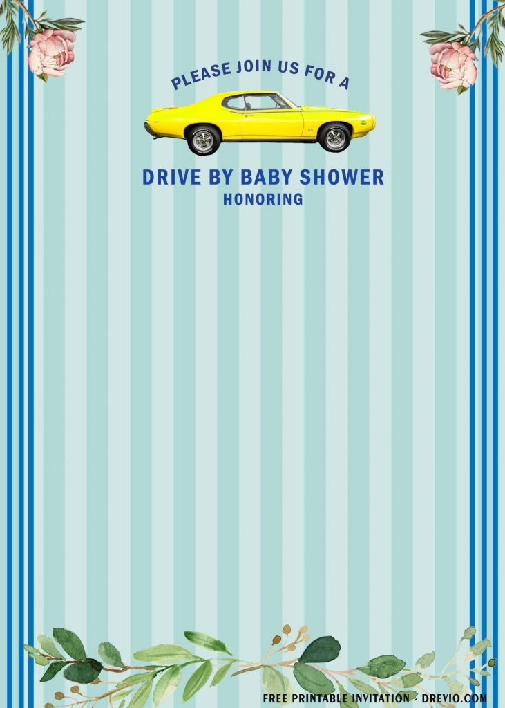Free Printable Blue Themed Drive By Party Invitation Templates With Yellow Classic Car Image