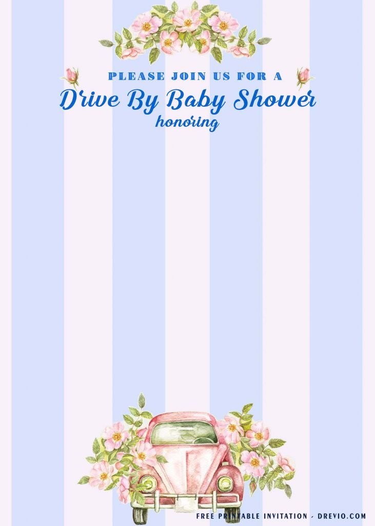Free Printable Watercolor Blush Pink Drive By Baby Shower Invitation Templates With Blue Stripes